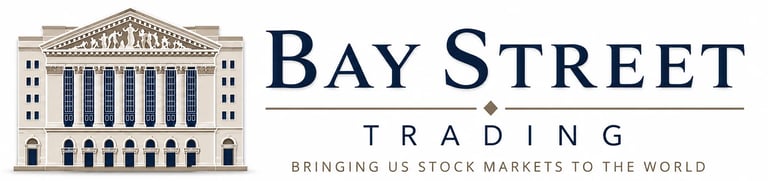 Bay Street Trading logo featuring a classical building with columns and text tagline Bringing US stock markets to the world